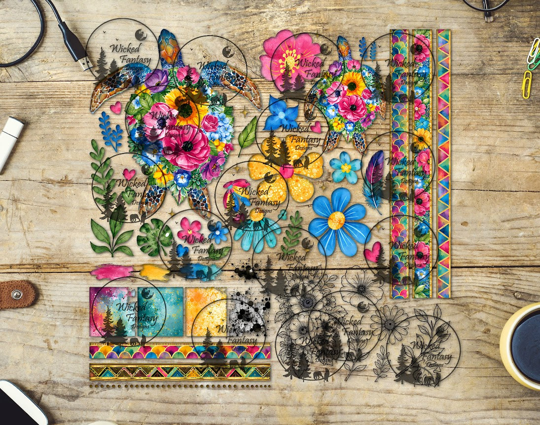 UVDTF Painted Florals Sea Turtle 12x12" Multimedia Element Sheet