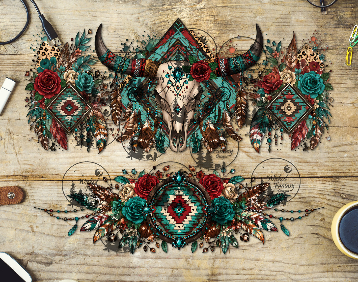 UVDTF Red Aztec Cow Skull and Leopard Print 16oz 40oz Tumbler Wrap