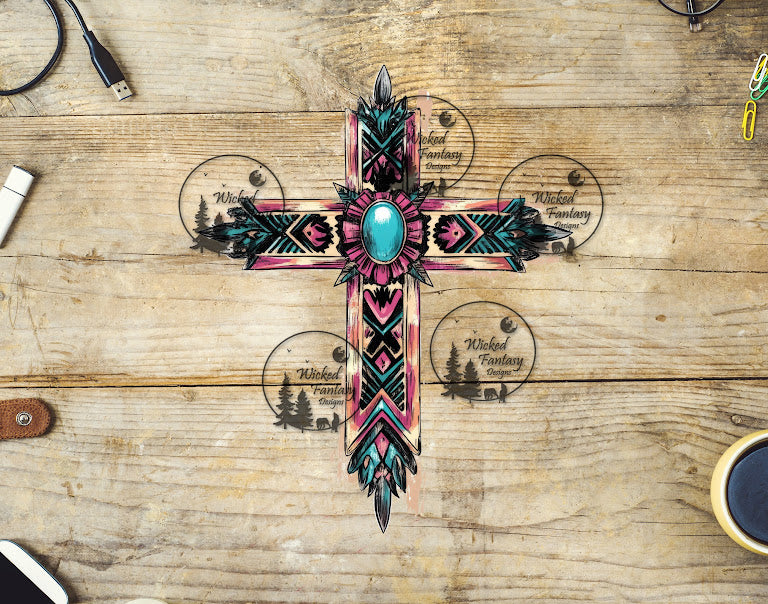 UVDTF Pink and Teal Southwest Cross with Concho