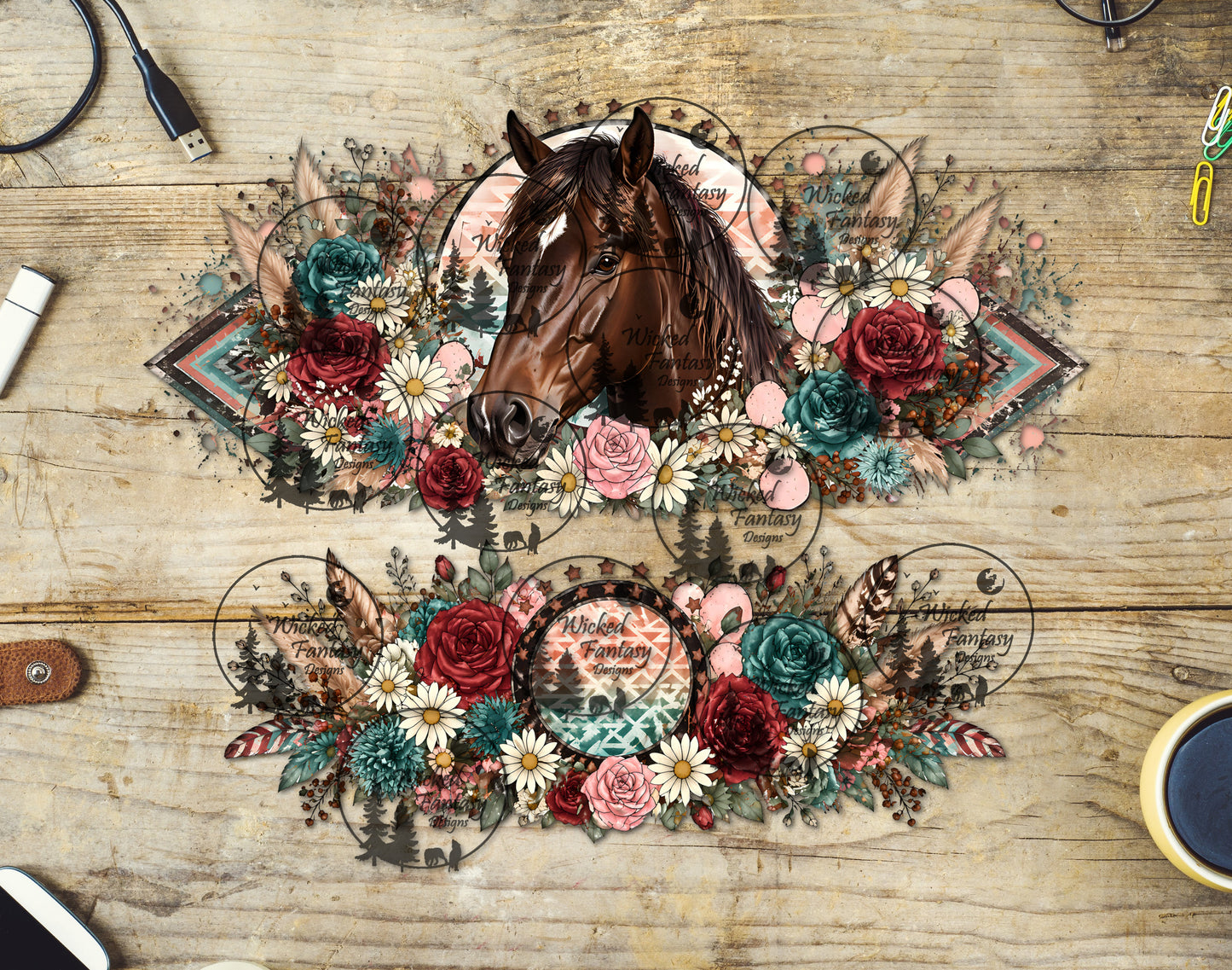 UVDTF Chocolate Chestnut Horse and Florals 16oz 40oz Tumbler Wrap