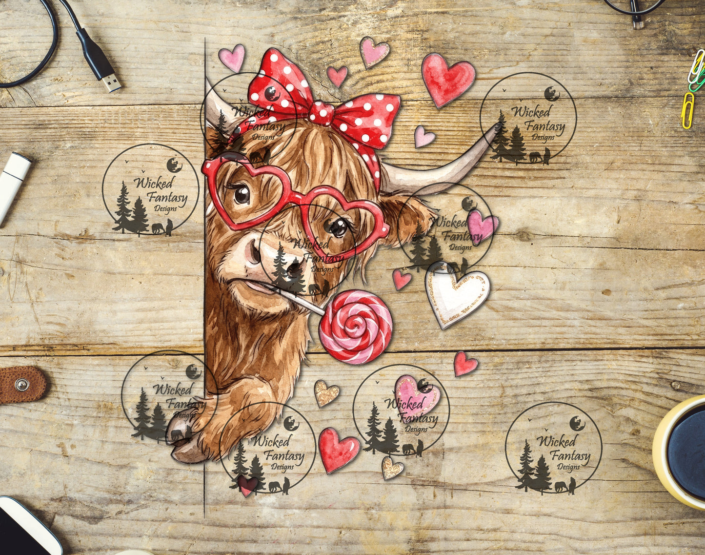 UVDTF Peeking Hearts Highland Cow with Bow