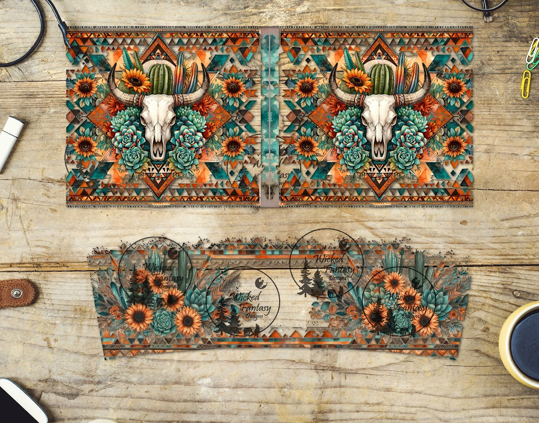 UVDTF Sunflower and Succulent Aztec Cow Skull 16oz 40oz Tumbler Wrap