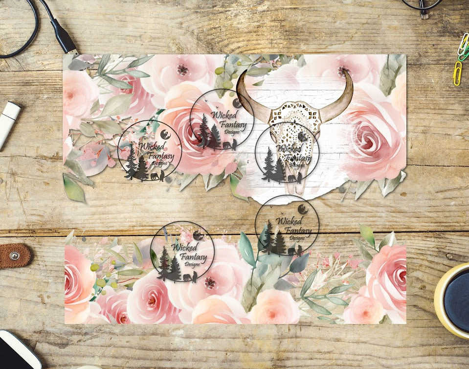 UVDTF Blush Florals and Cow Skull 20oz 30oz 10"x10" Element
