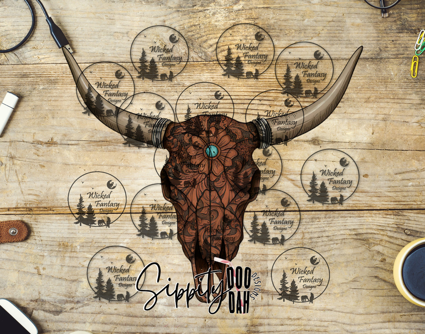 UVDTF Tooled and Turquoise Cow Skull