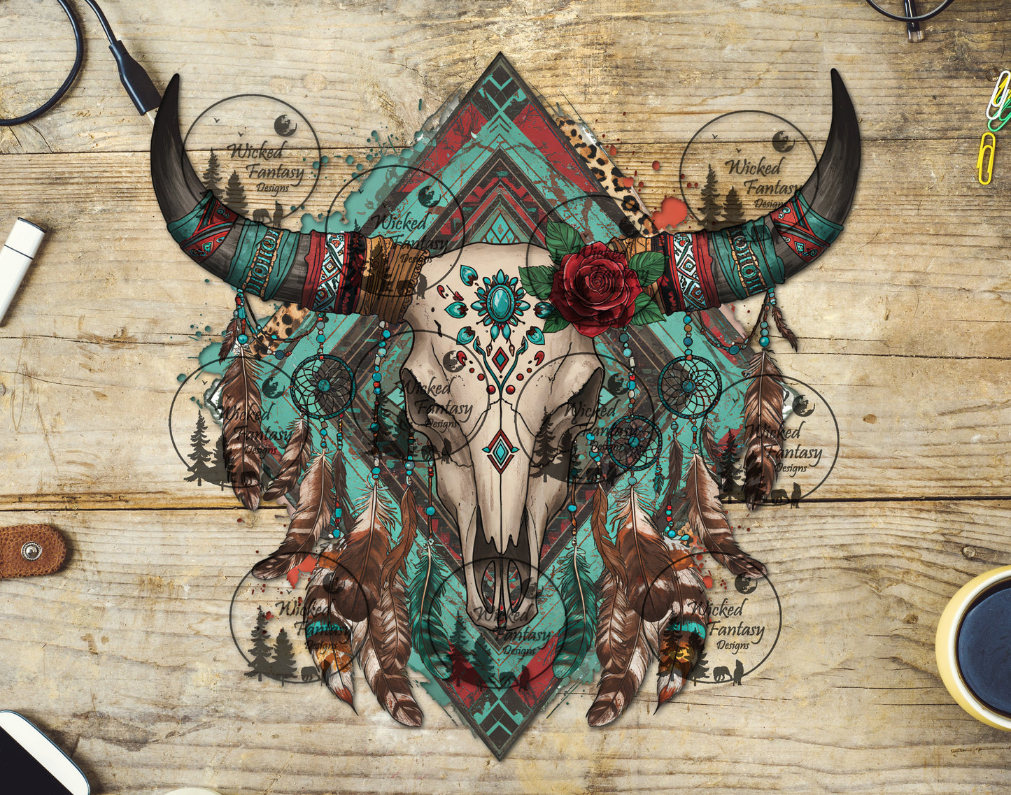 UVDTF Red and Turquoise Cow Skull with Feathers