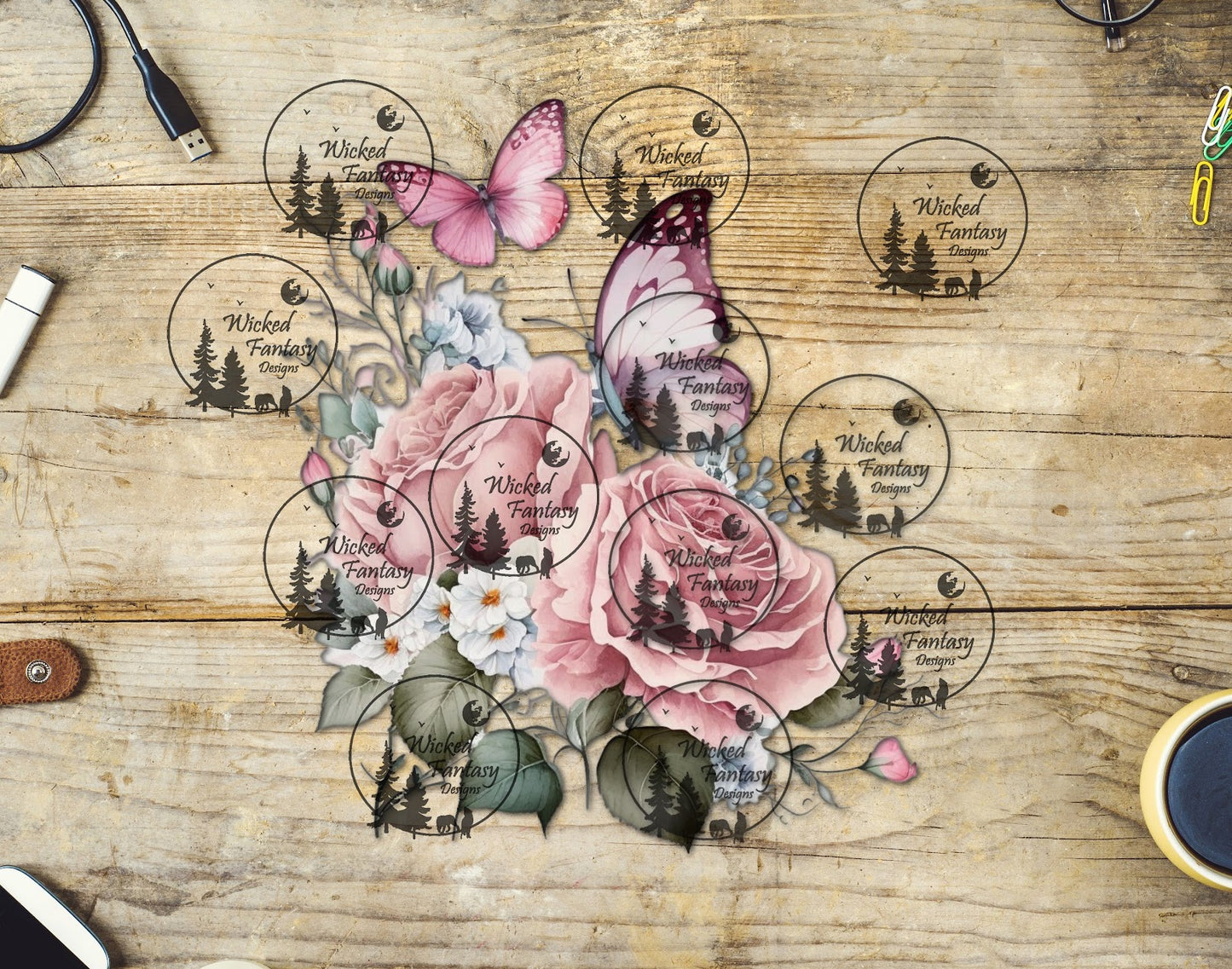 UVDTF Light Blush Roses and Butterflies