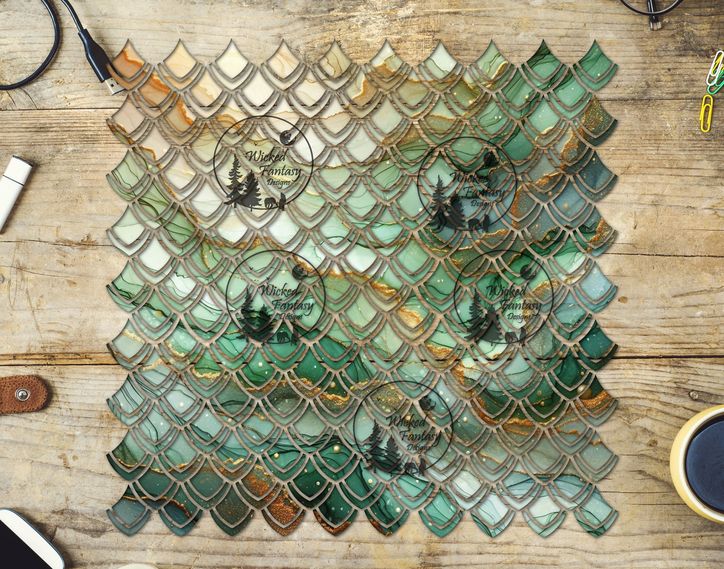 UVDTF Green Ink Swirls Dragon Scales 10"x10" Element