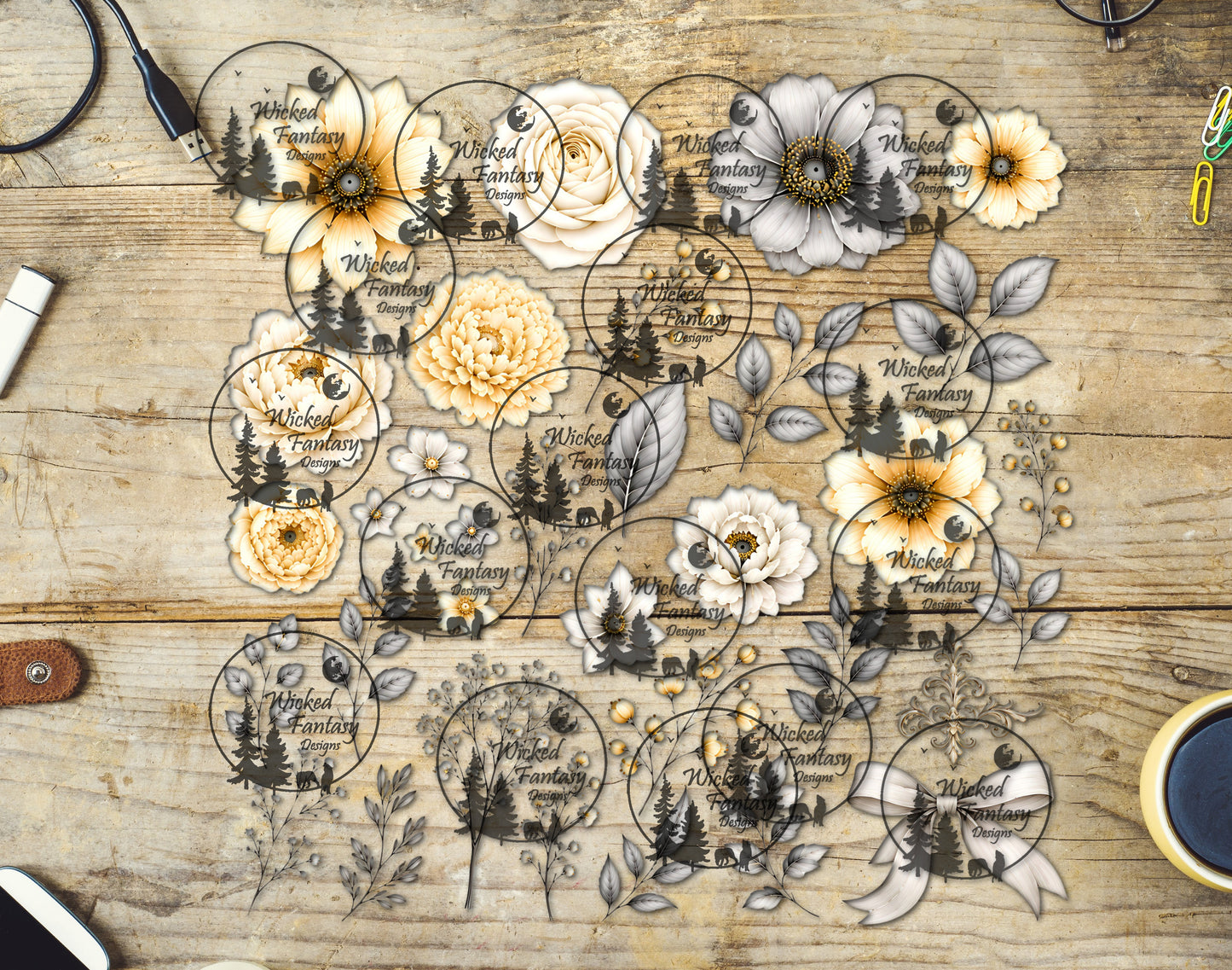 UVDTF Pale Yellow and Grey Florals 11x11" Element Sheet