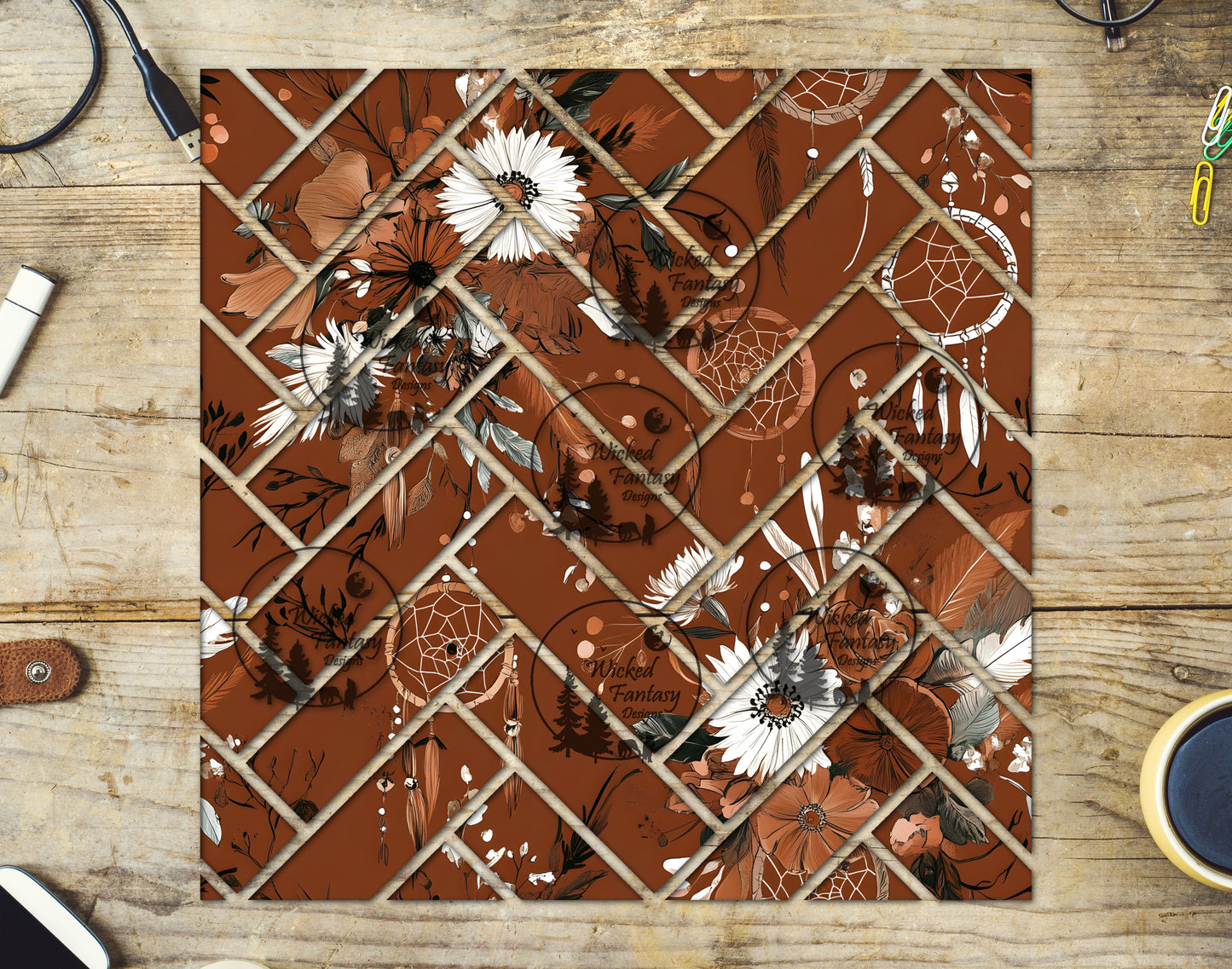 UVDTF Rust Florals and Dreamcatchers Herringbone 20oz 30oz 10"x10"