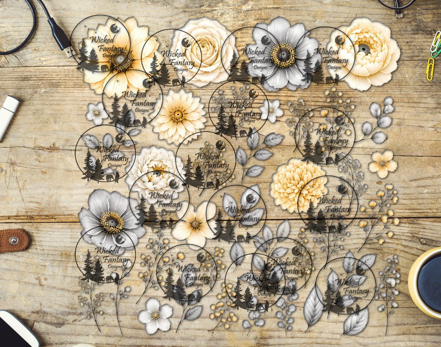 UVDTF Pastel Yellow and Grey Florals 11x11" Element Sheet