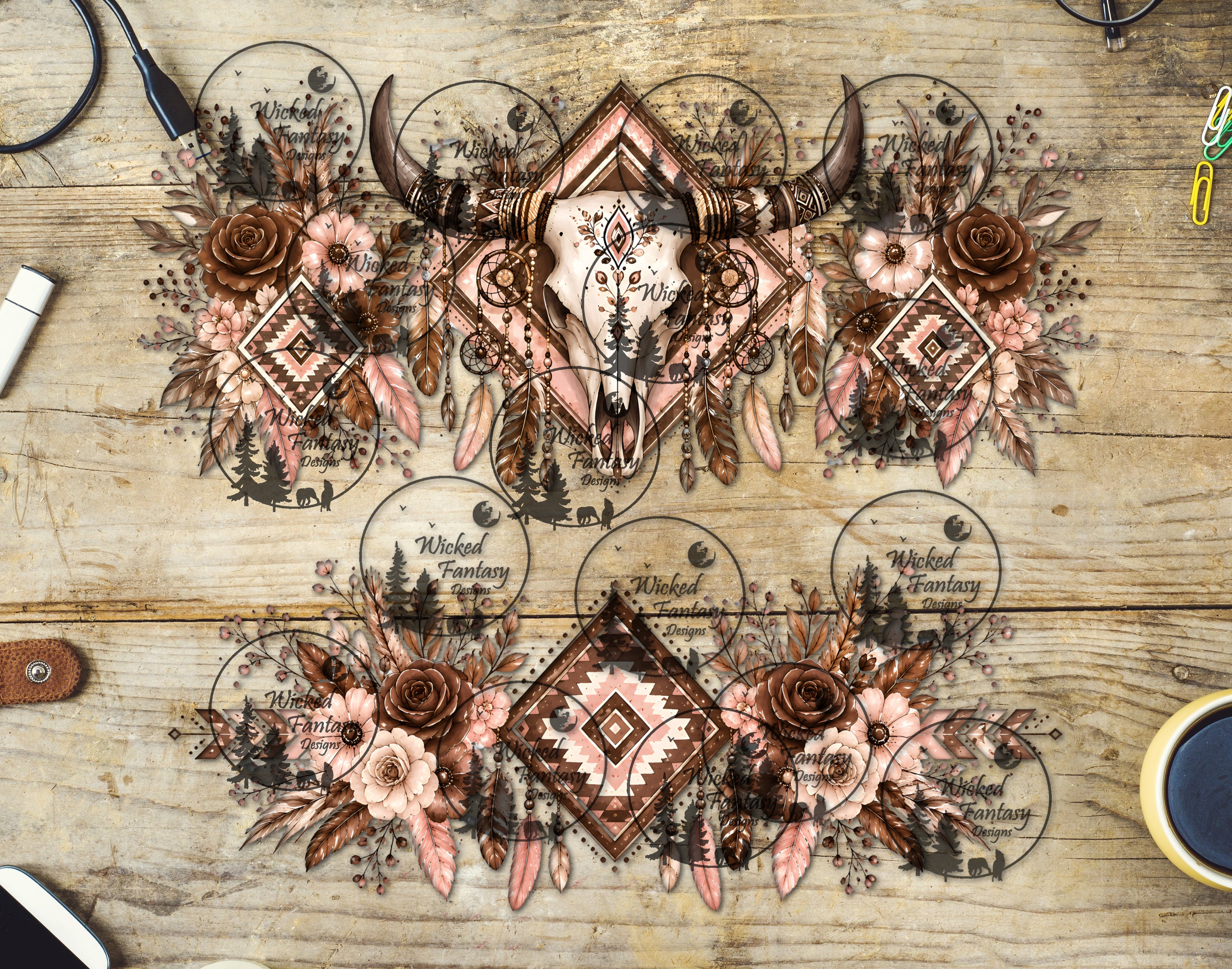 UVDTF Blush and Caramel Boho Cow Skull 16oz 40oz Tumbler Wrap – Wicked ...