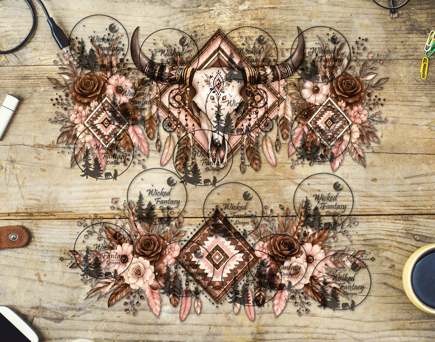 UVDTF Blush and Caramel Boho Cow Skull 16oz 40oz Tumbler Wrap