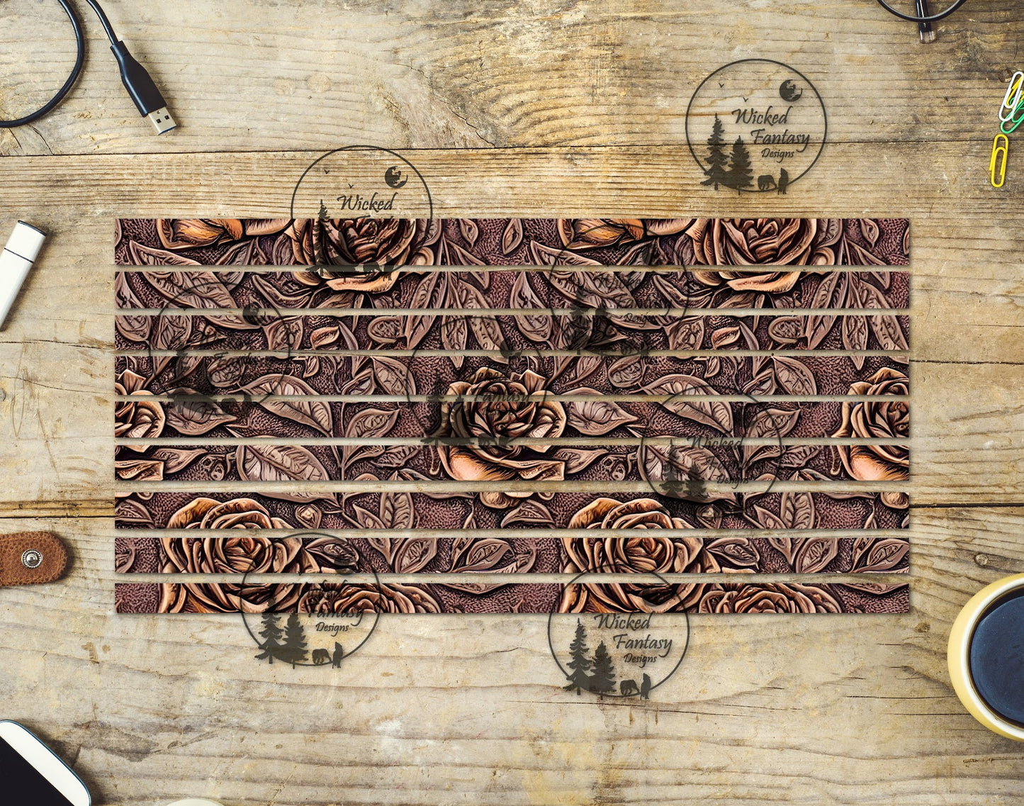 UVDTF Tooled Leather Roses Striping 6x12" tumbler element