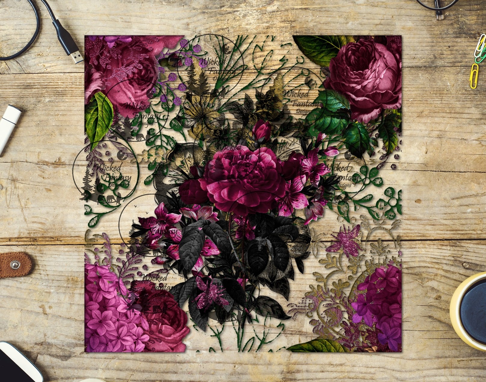 UVDTF Burgundy Black and Gold Floral 20oz 30oz 10"x10" – Wicked Fantasy ...