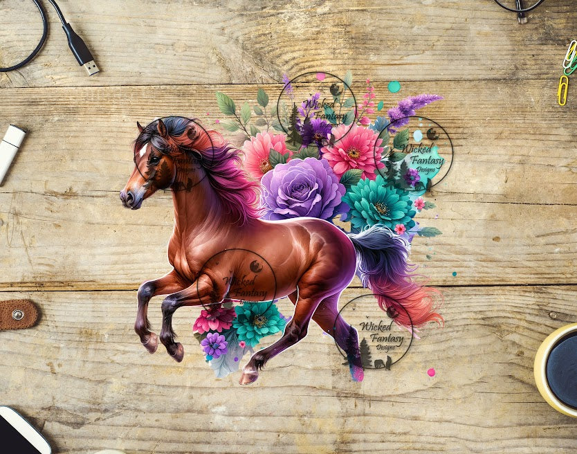UVDTF Bay Running Horse with Flowers