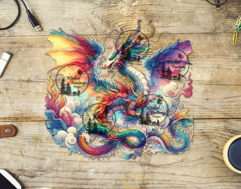 UVDTF Colorful Oriental Dragon with Swirling Clouds