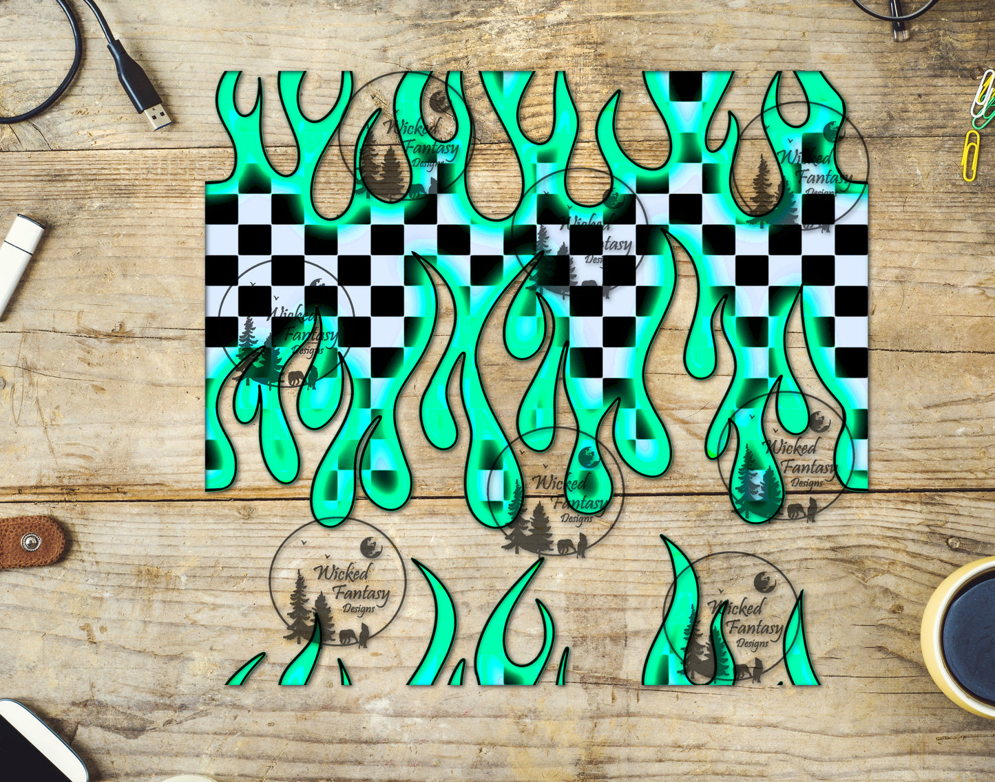 UVDTF Electric Mint Neon Checkered Flames 20oz 30oz 10"x10" Element