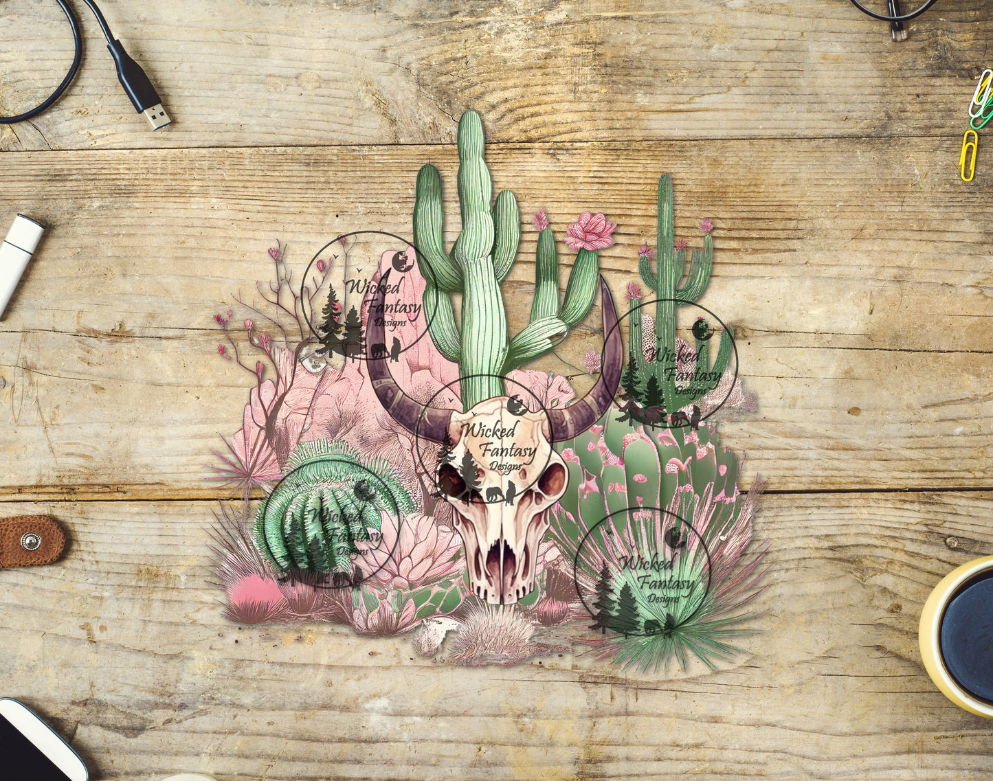 UVDTF Decal Southwestern Cow Skull Cactus Pastel Western Transparent Background sticker 1pc