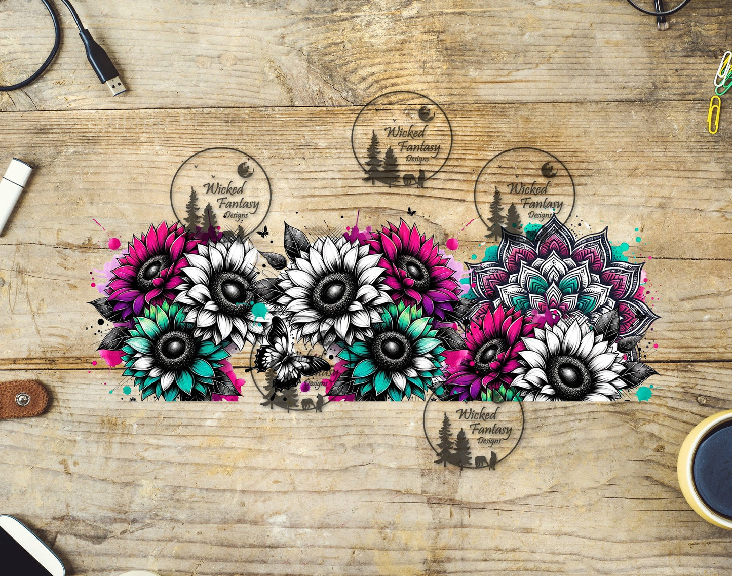 UVDTF Pink Mint Black and White Sunflowers and Mandala 16oz 40oz Tumbler Wrap Element