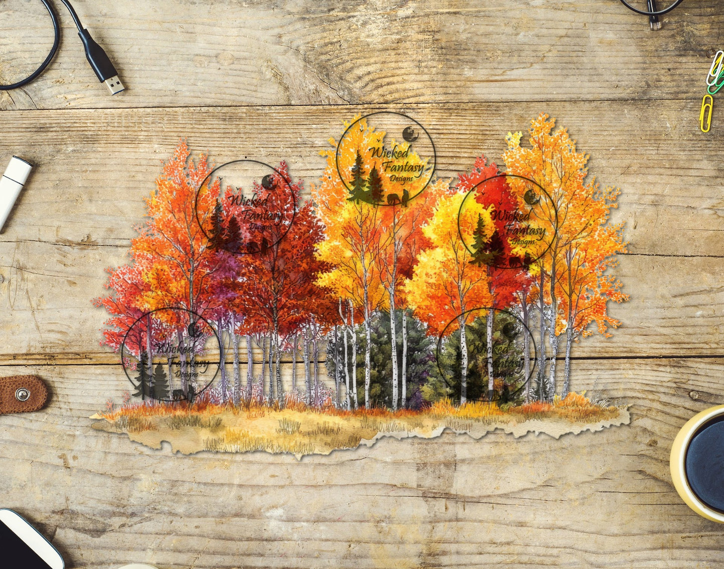UVDTF Autumn Birch Tree Line Border Element 10"