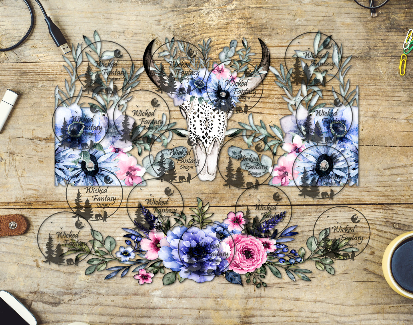 UVDTF Boho Cowskull and Ice Blue Flowers 16oz 40oz Tumbler Wrap Element