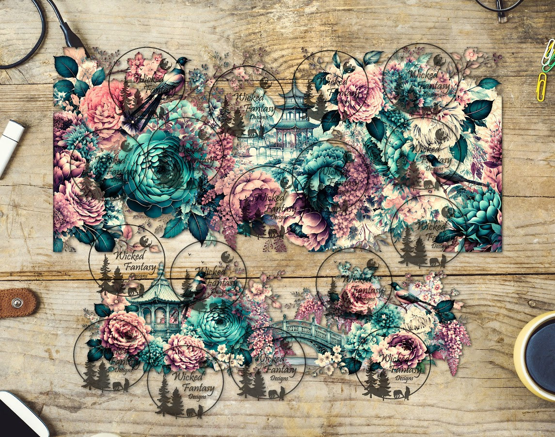 UVDTF Teal Chinoiserie 16oz 40oz Tumbler Wrap
