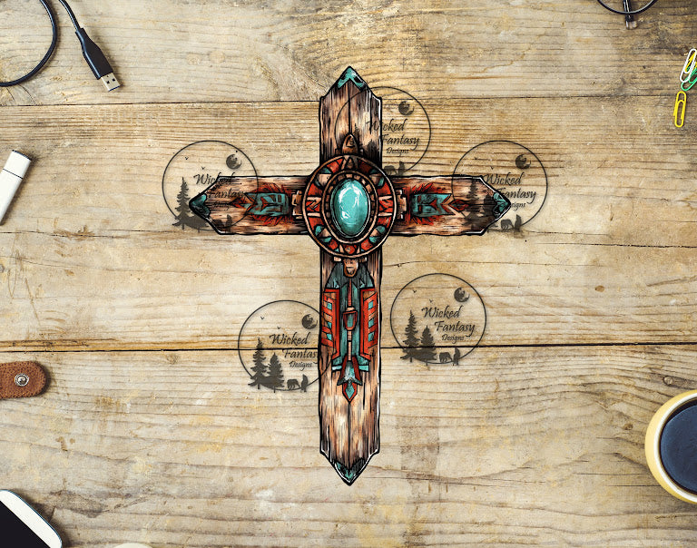 A decorative wooden cross decal with a multicolored concho design