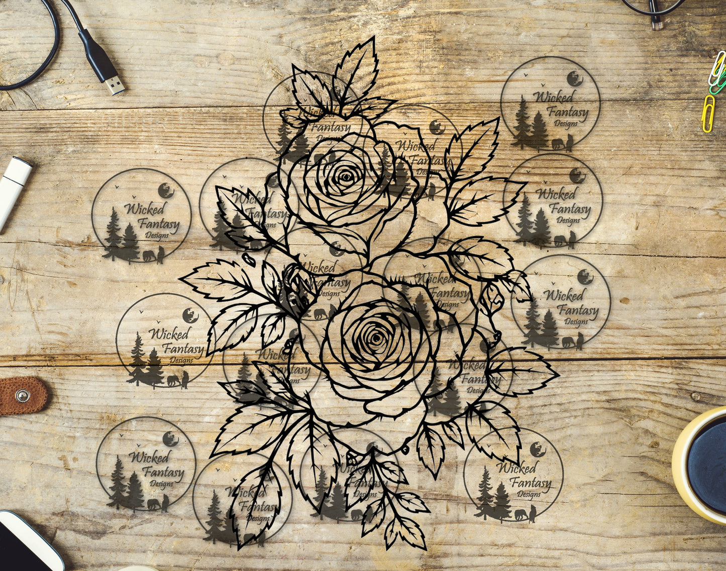 UVDTF Rose Floral Arrangement Line Art