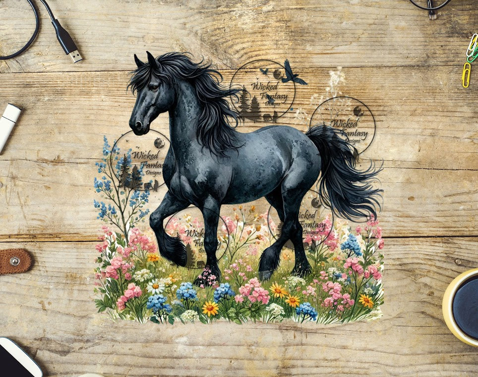 UVDTF Black Horse in field of flowers