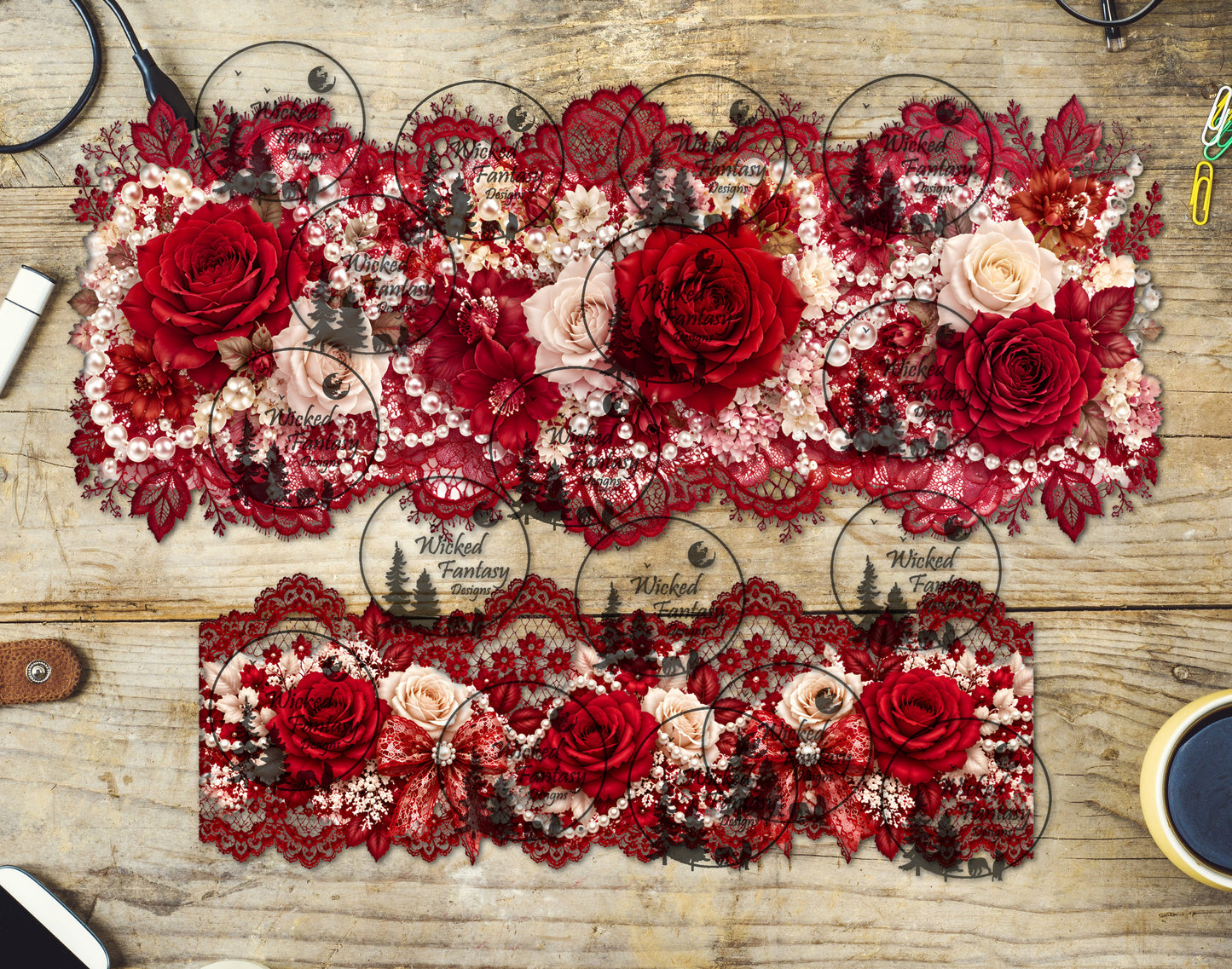 UVDTF Red Lace and Pearls 16oz 40oz Tumbler Wrap