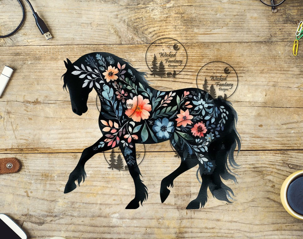 UVDTF Black horse outline with flowers inside