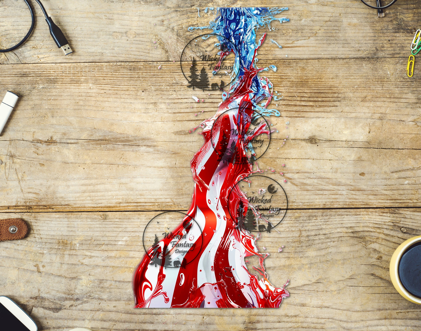 UVDTF Decal Tumbler Element Red White and Blue Liquid Falling Stream
