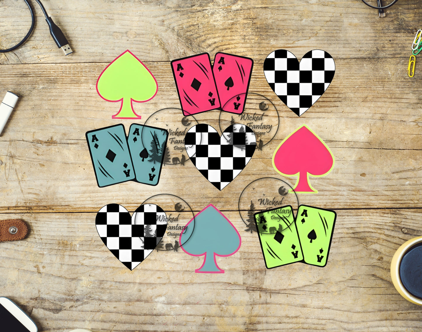 UVDTF Neon Ace of Spades Checkerboard Hearts Decal Tumbler Elements