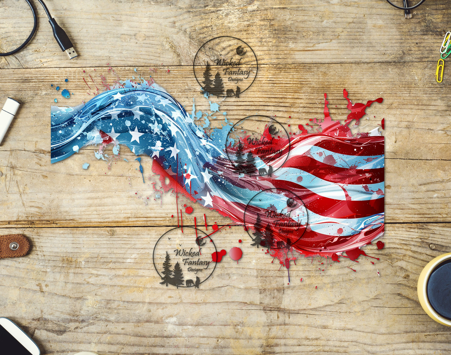 UVDTF Decal Tumbler Element Red White and Blue Liquid Falling Stream with Stars 9.5"x6.5