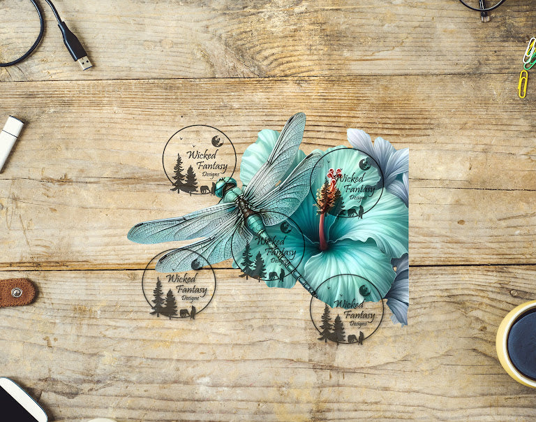 UVDTF Teal Dragonfly with Hibiscus Flower