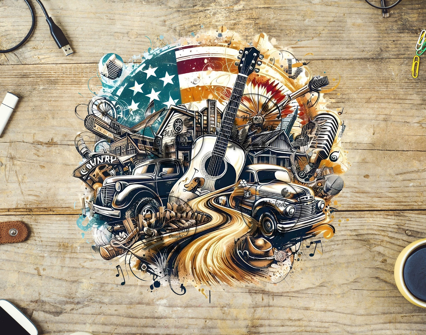UVDTF American Country Music Collage with Guitar