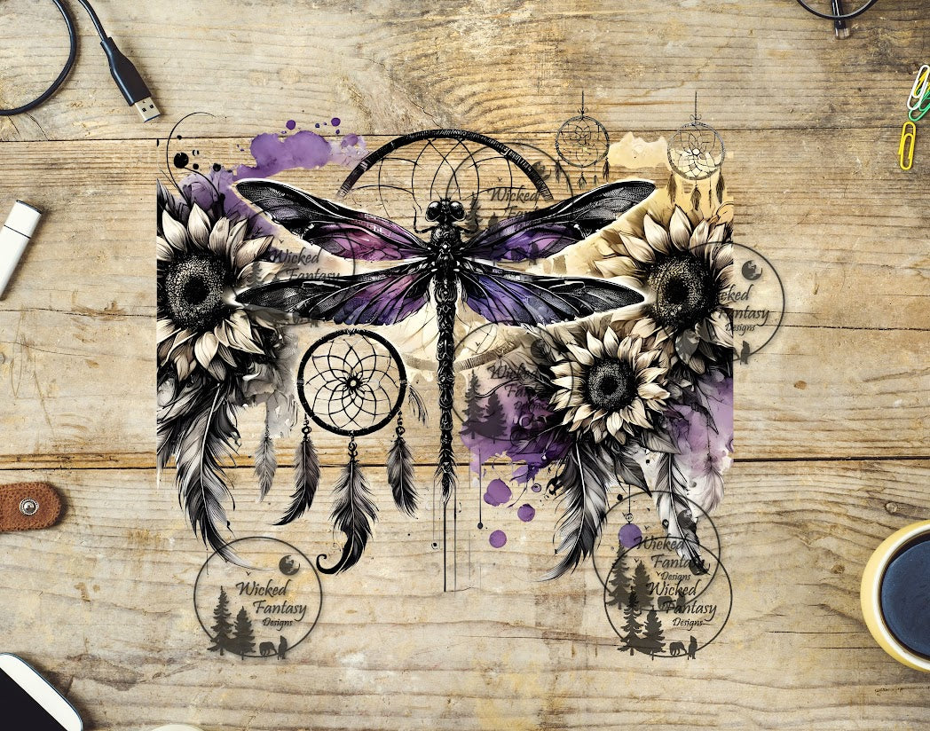 UVDTF Purple Dragonfly with Sunflowers