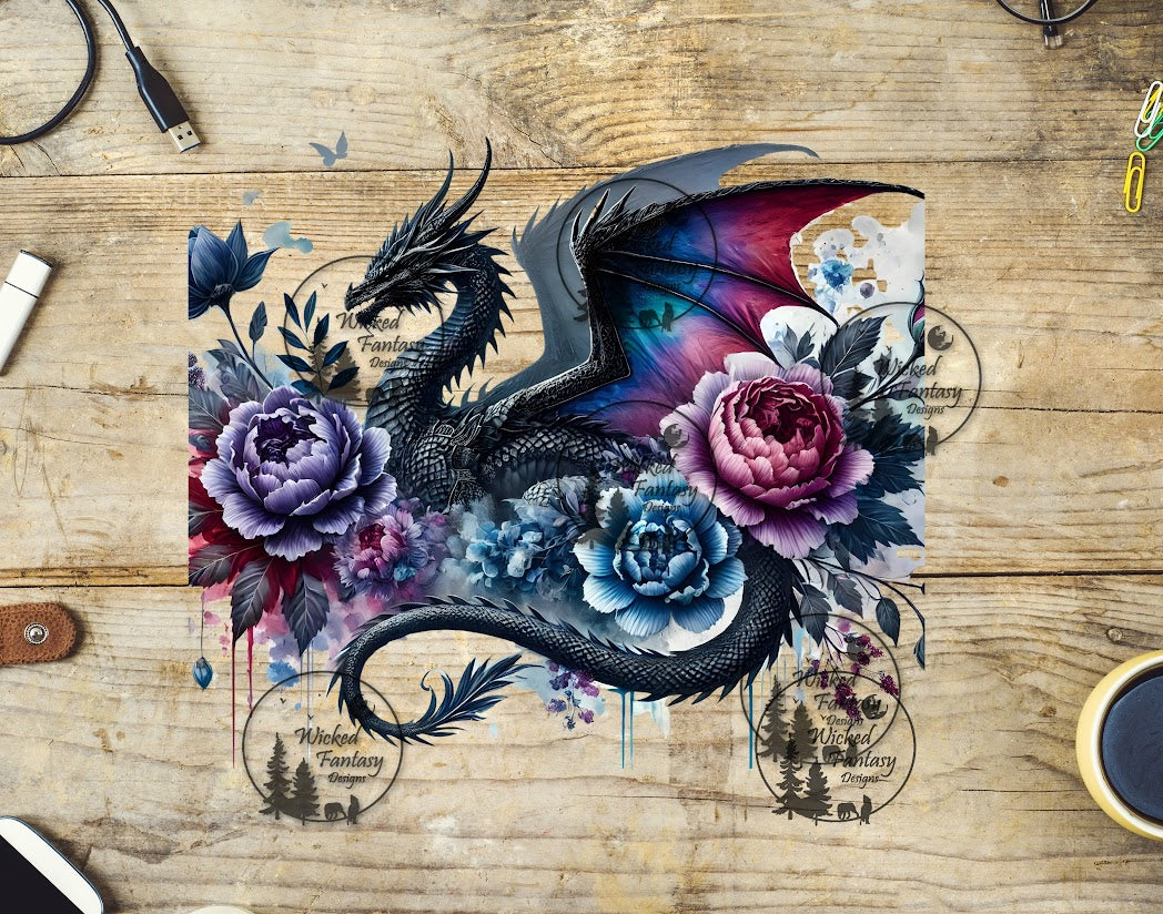UVDTF Elegant Black Dragon with Peonies