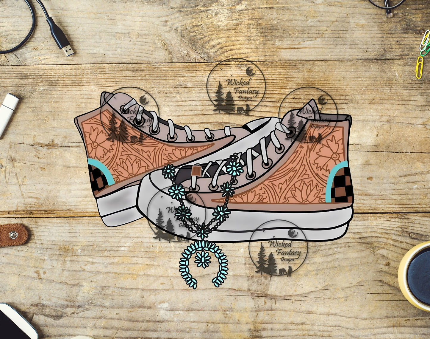 UVDTF Tooled Leather Sneakers with Turquoise Squash Blossom