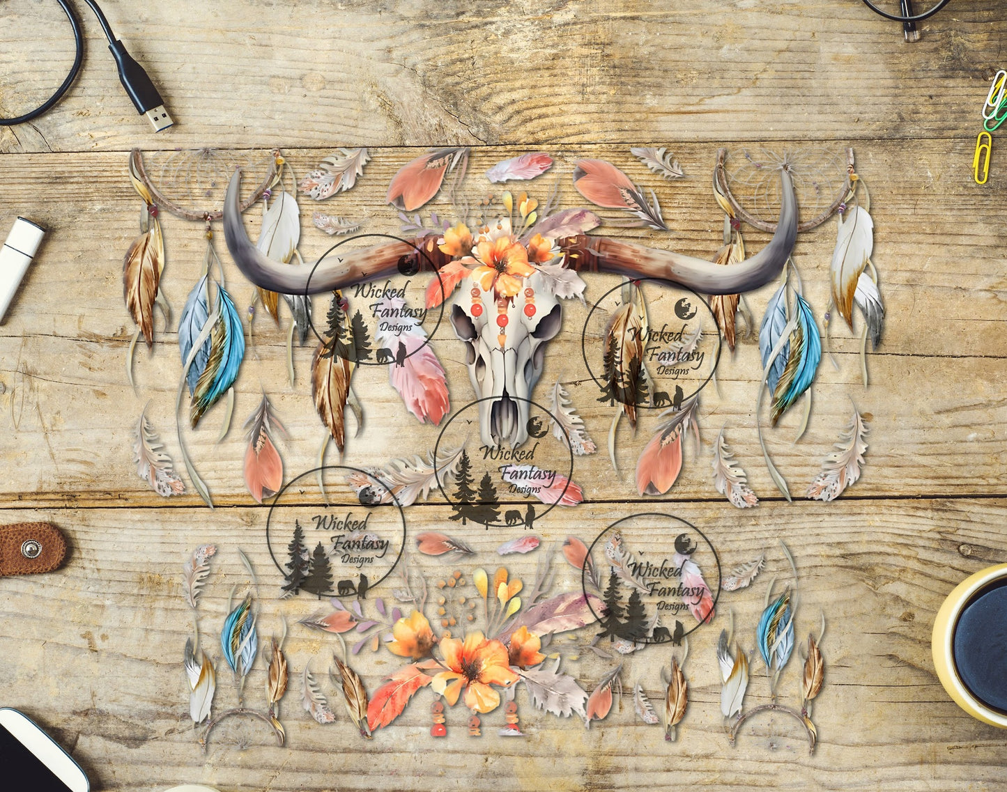 UVDTF Boho Longhorn Cow Skull Element 40oz 16oz Multiple Sizes