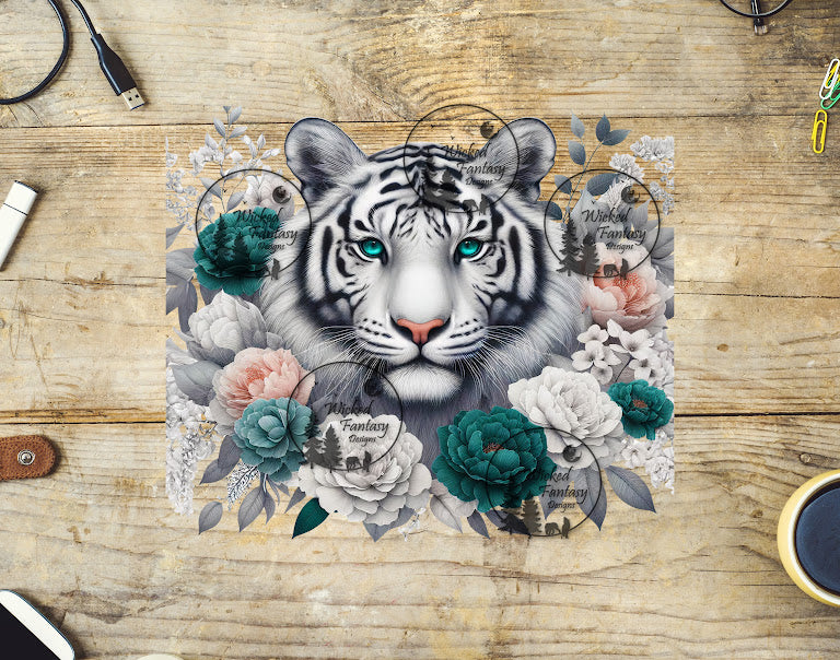 UVDTF White Tiger with Silver and Teal Flowers