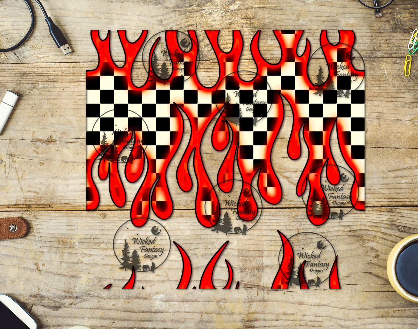 UVDTF Electric Red Neon Checkered Flames 20oz 30oz 10"x10" Element