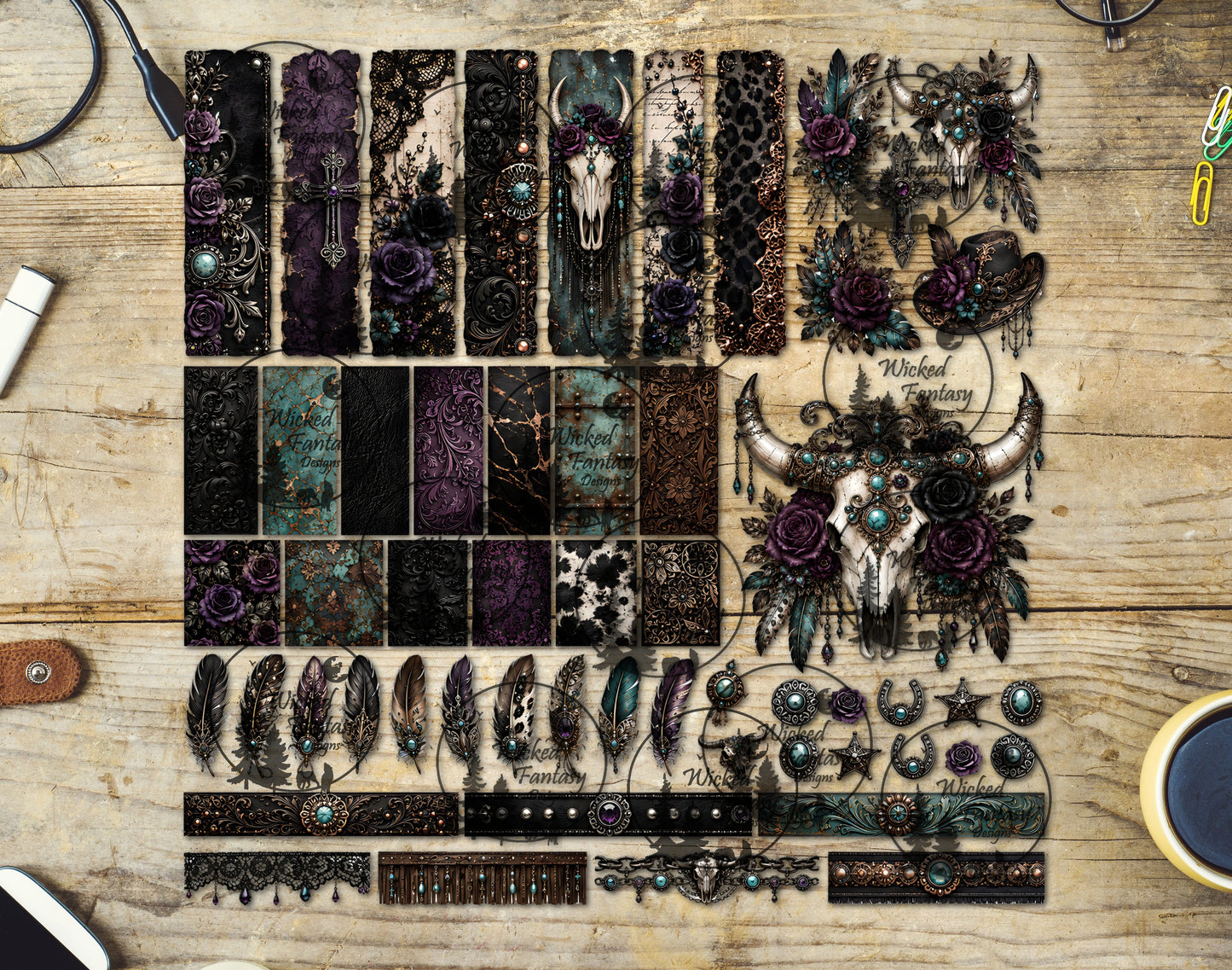 UVDTF Amethyst and Teal Boho Cow Skull 12x12" Multimedia Element Sheet