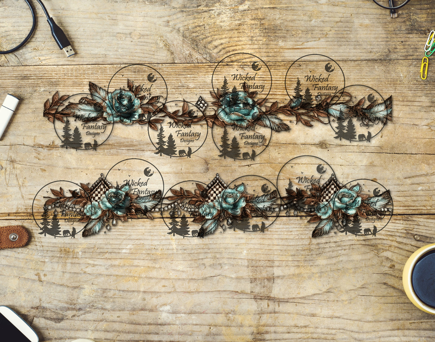 UVDTF Teal Floral Checkered Border Element 11"