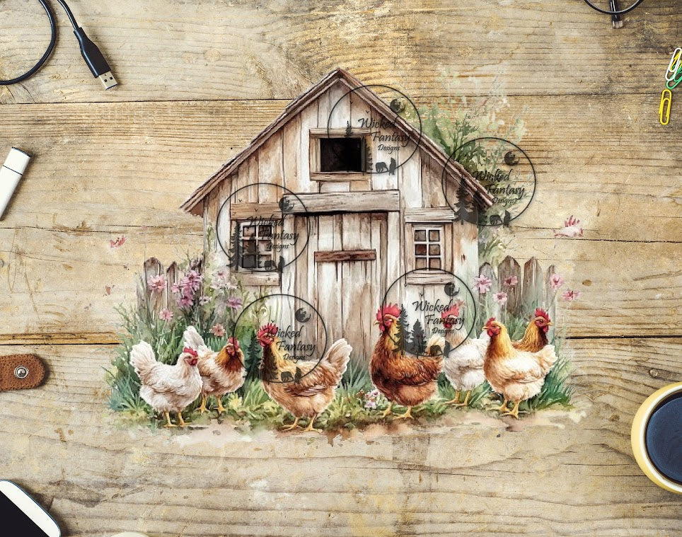 UVDTF Chicken Coup with brown and white chickens