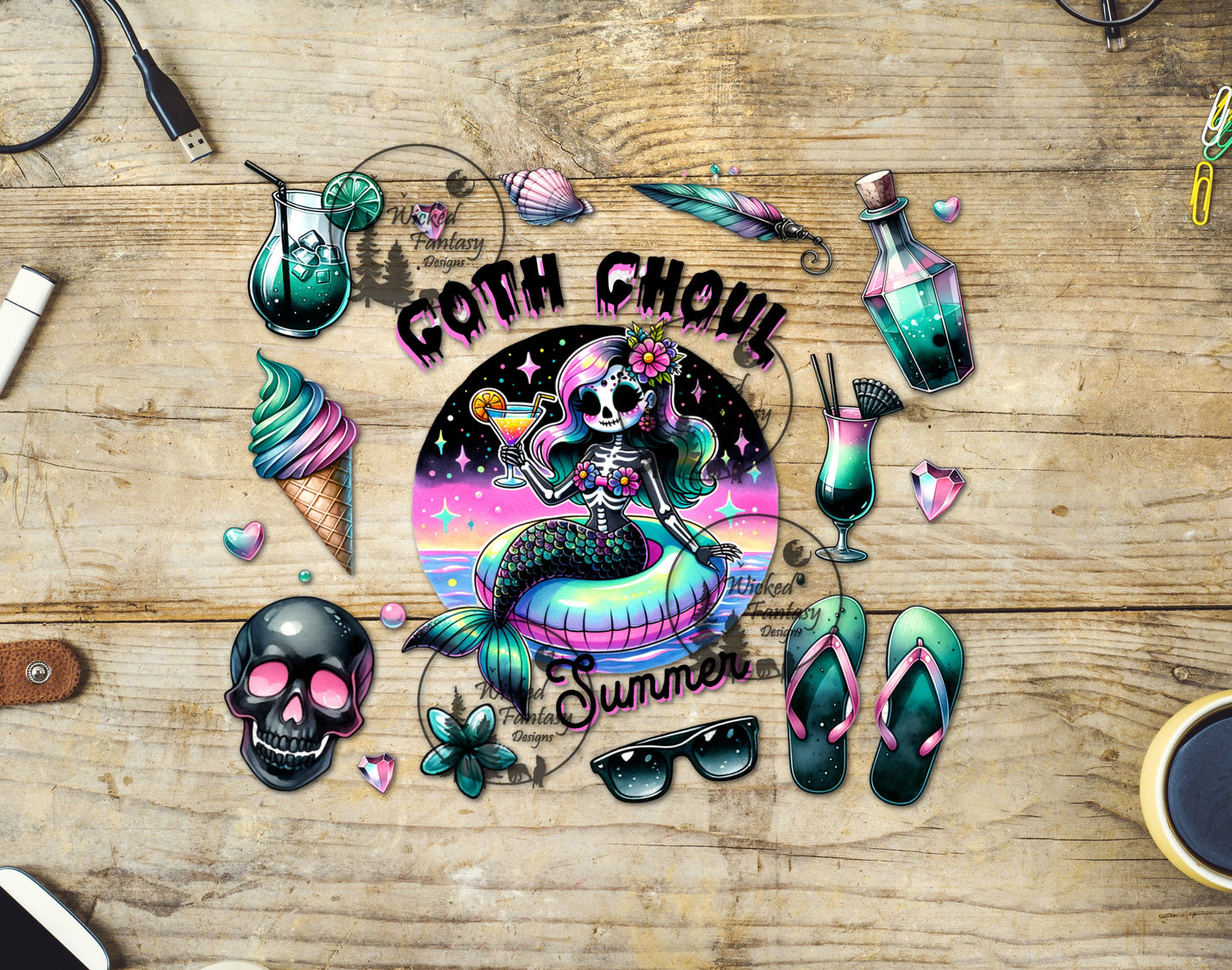 UVDTF Decal Tumbler Element Goth Ghoul Summer 20oz 30oz Tumbler Wrap
