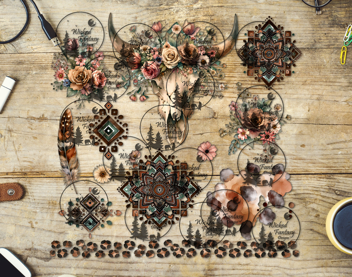 UVDTF Leopard Aztec Cow Skull 11x11" Element Sheet
