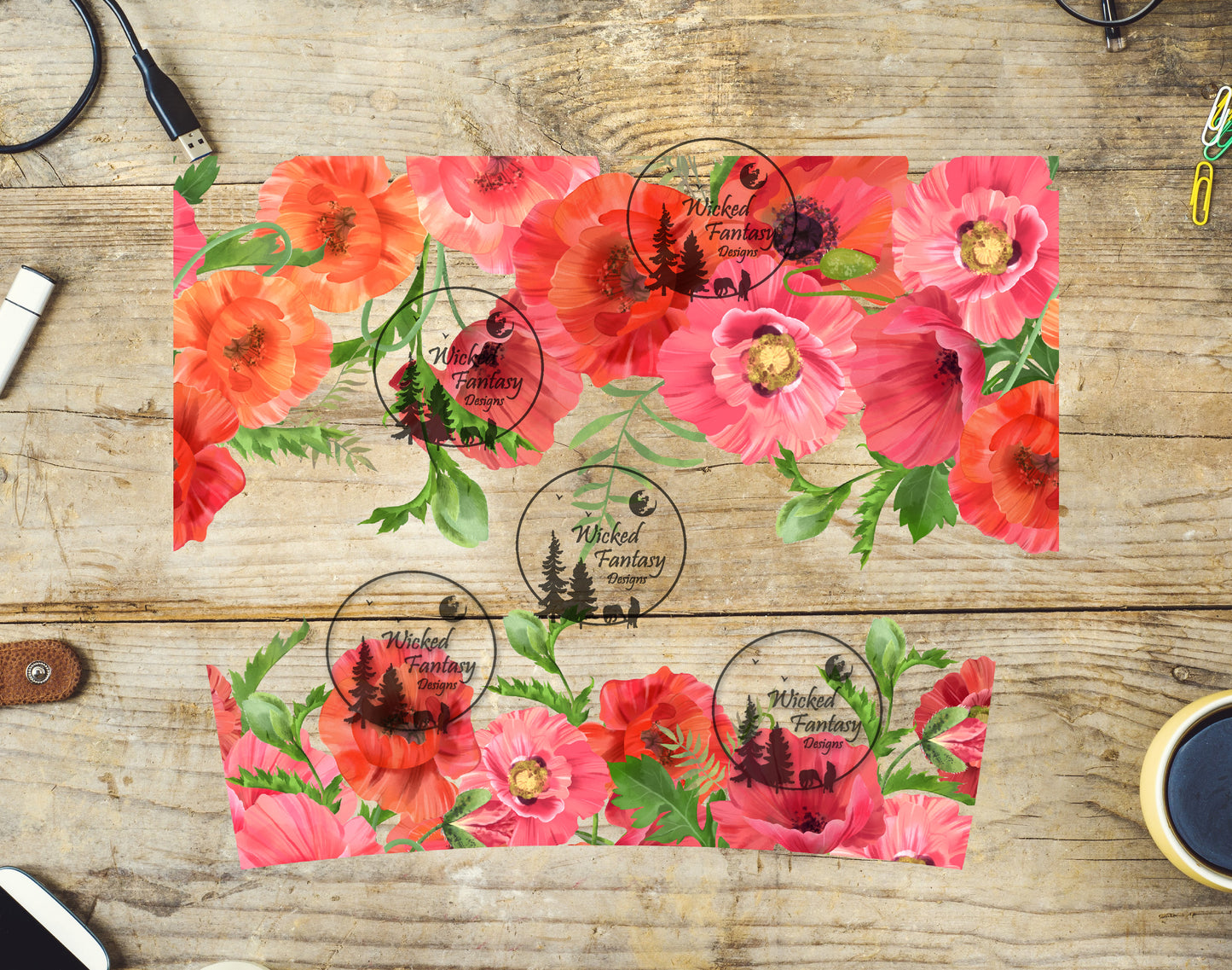 UVDTF Pink and Red Poppies 16oz 40oz Element Multiple Sizes