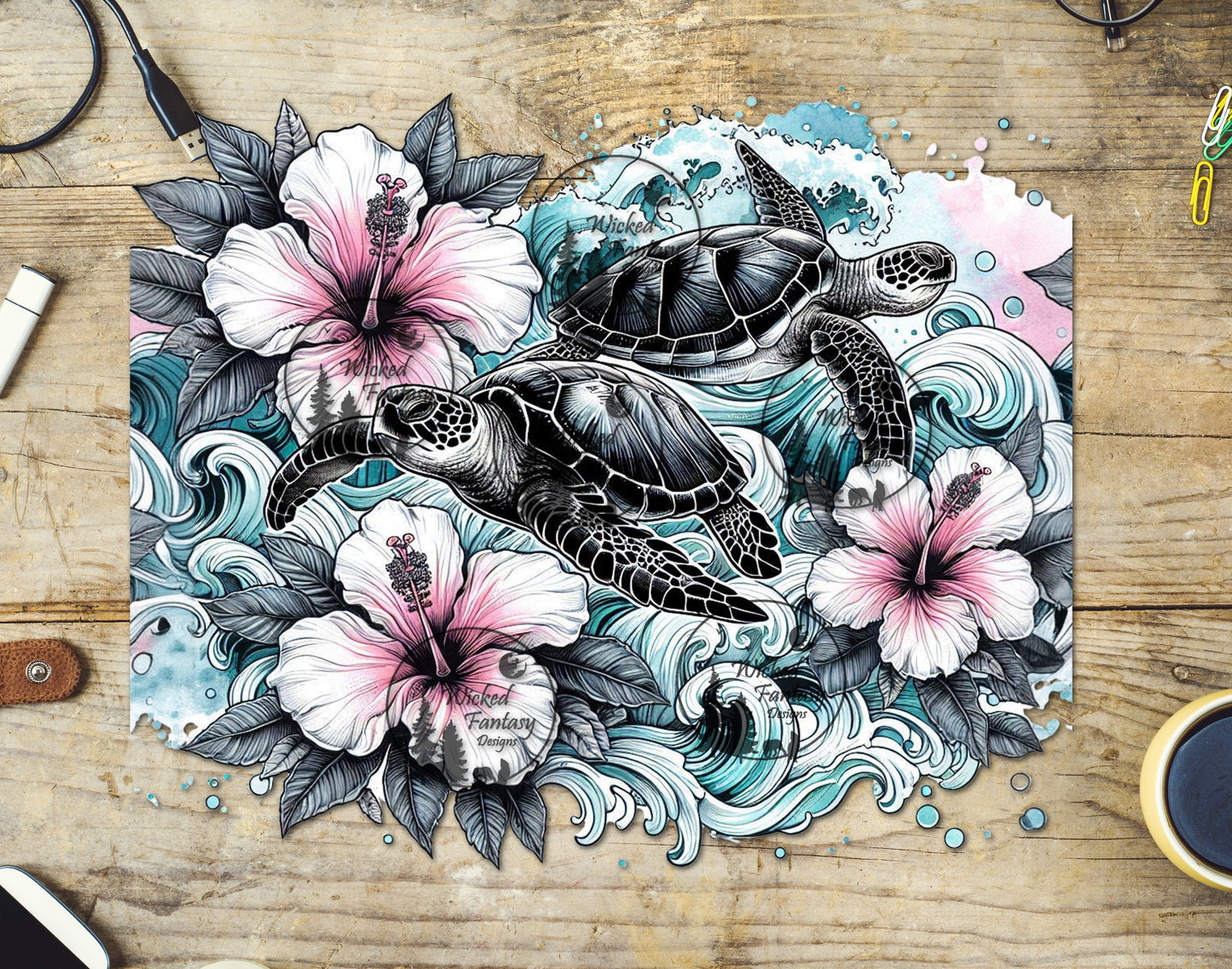 UVDTF Sea Turtle Pair with Light Pink Hibiscus