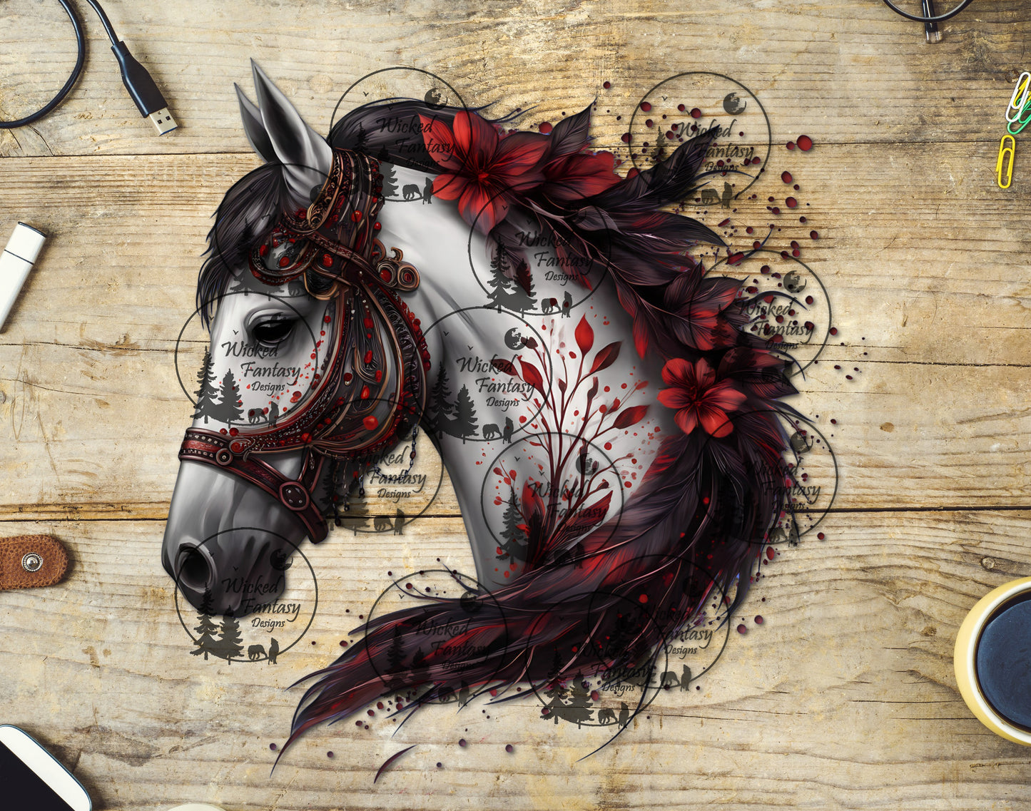 UVDTF Grey Horse with Red Flowers